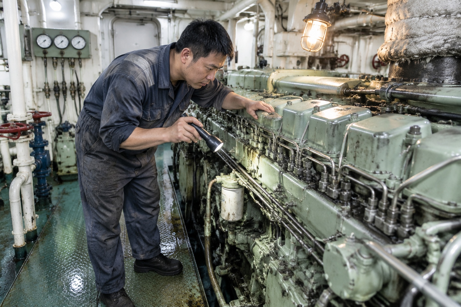 I Pilot Cargo Ships on the Yangtze: A Crew Member's Daily Life 23 An engineer in oil-stained overalls inspects a large marine diesel engine with a torch inside the engine room of a Yangtze cargo ship.