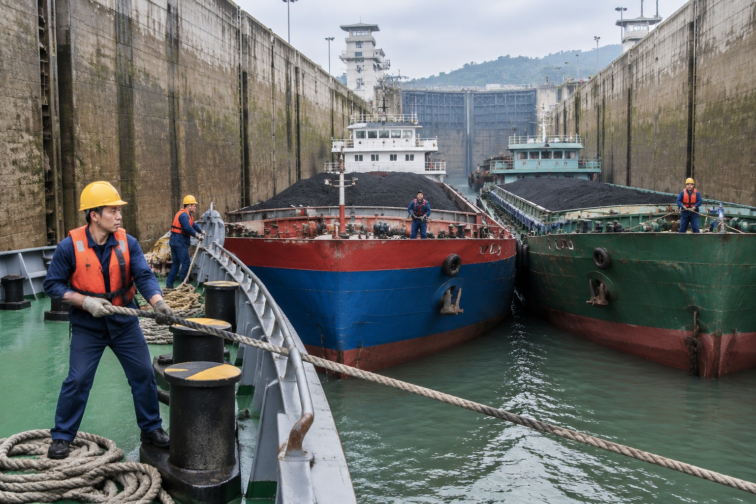 I Pilot Cargo Ships on the Yangtze: A Crew Member's Daily Life 25 Cargo ships packed side by side inside the concrete chamber of a Yangtze River ship lock while crew members hold mooring lines on deck.