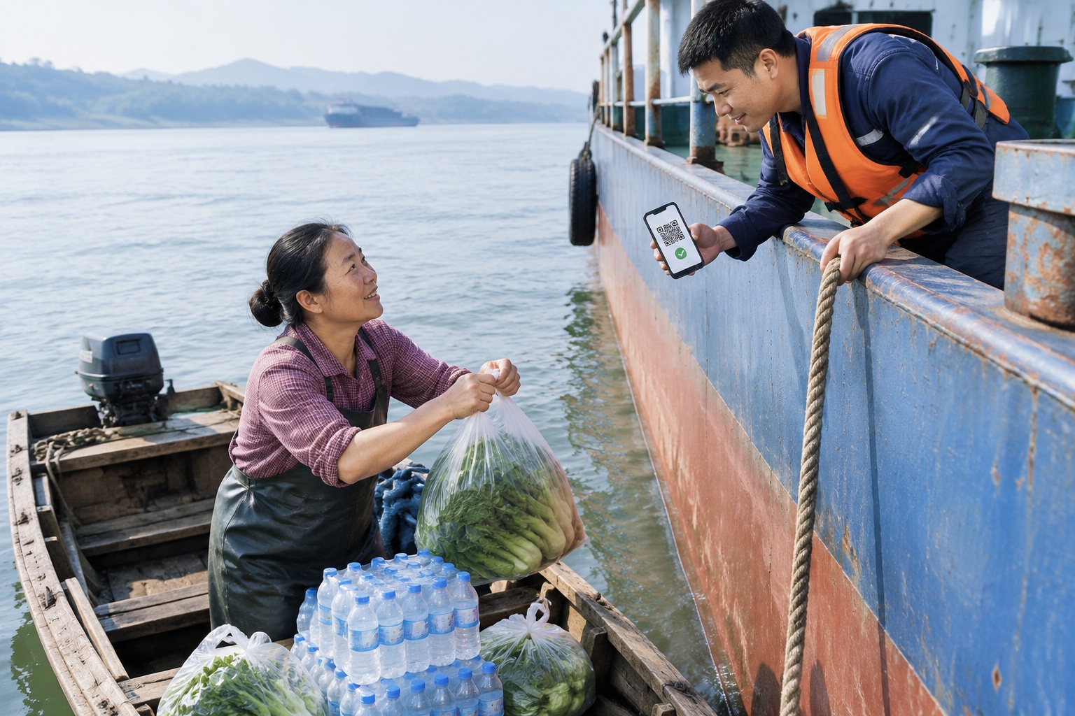 I Pilot Cargo Ships on the Yangtze: A Crew Member's Daily Life 24 A crew member on a cargo ship leans over the rail to collect bags of vegetables and bottled water from a small supply boat on the Yangtze River.
