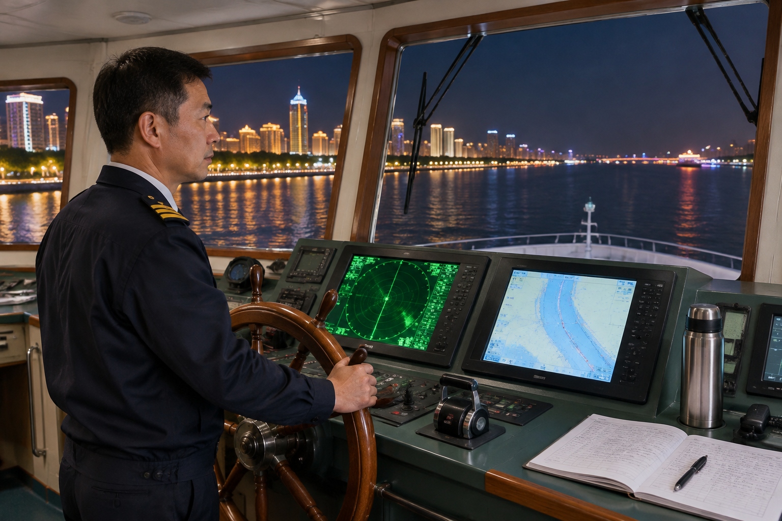 I Pilot Cargo Ships on the Yangtze: A Crew Member's Daily Life 26 A pilot stands in a dark ship wheelhouse at night with radar and electronic chart screens glowing as city lights pass on the riverbank.