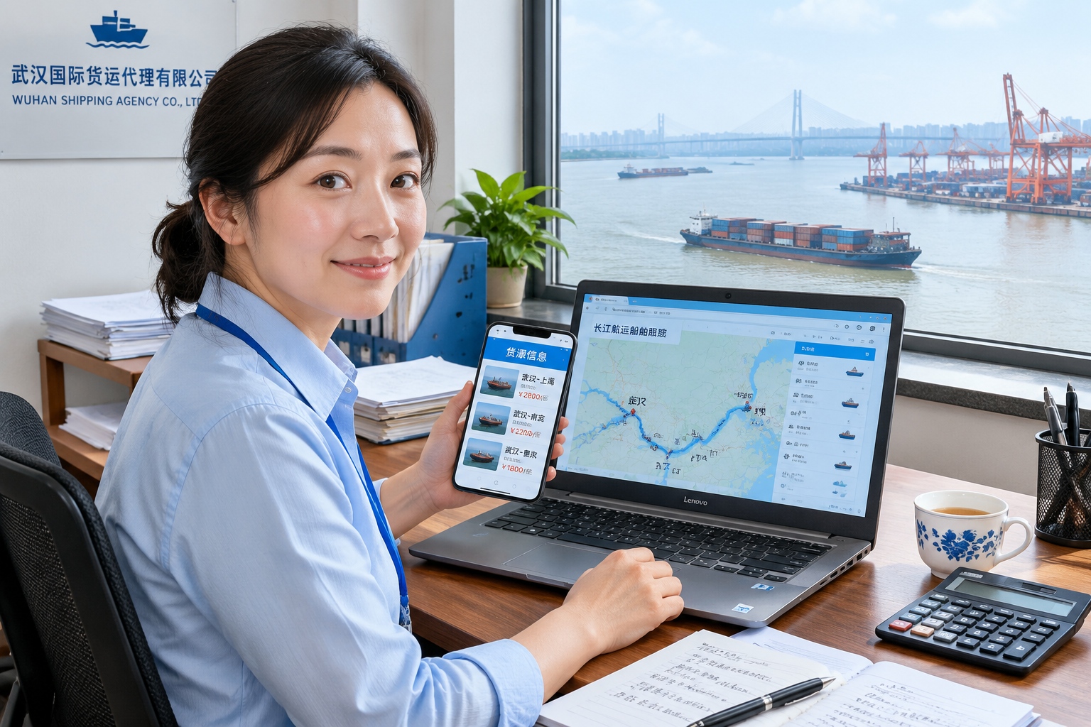 A Chinese shipping agent in a Wuhan office posting a cargo order on a smartphone while a river map is open on her laptop