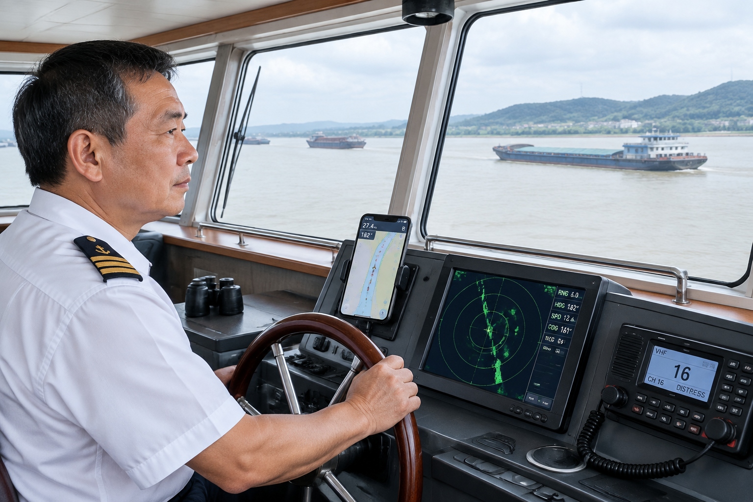 A Yangtze River cargo ship captain in the wheelhouse checking an electronic navigation chart and vessel positions on a mounted smartphone