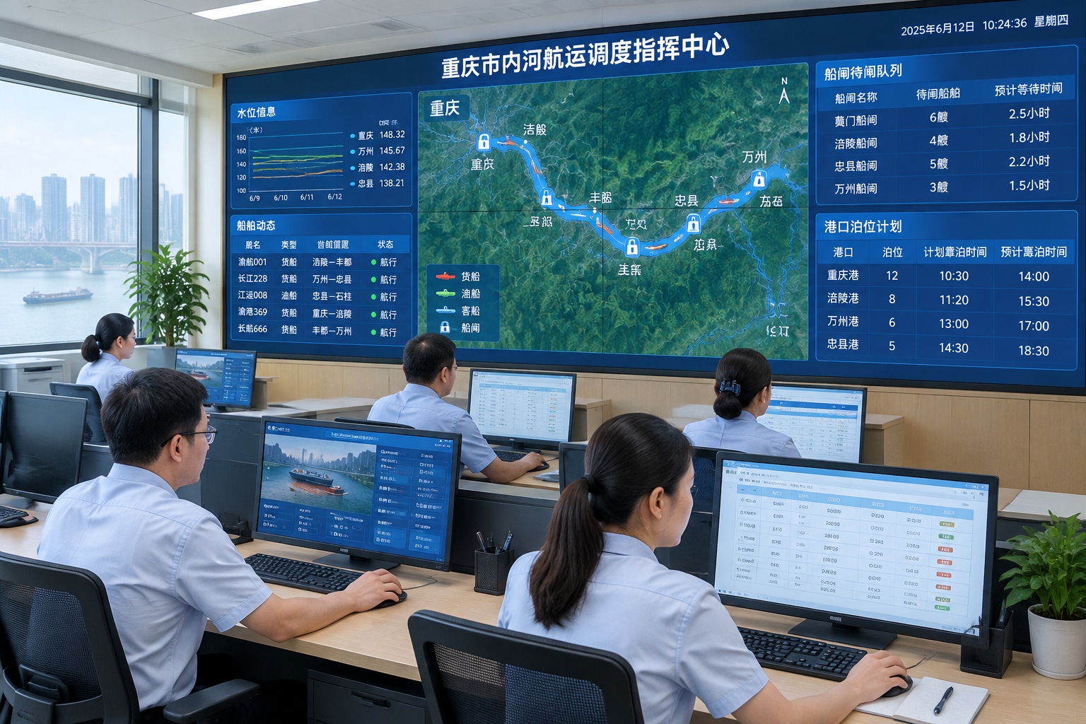 Dispatchers in a Yangtze River control room monitoring vessel positions, water levels and ship lock queues on wall screens