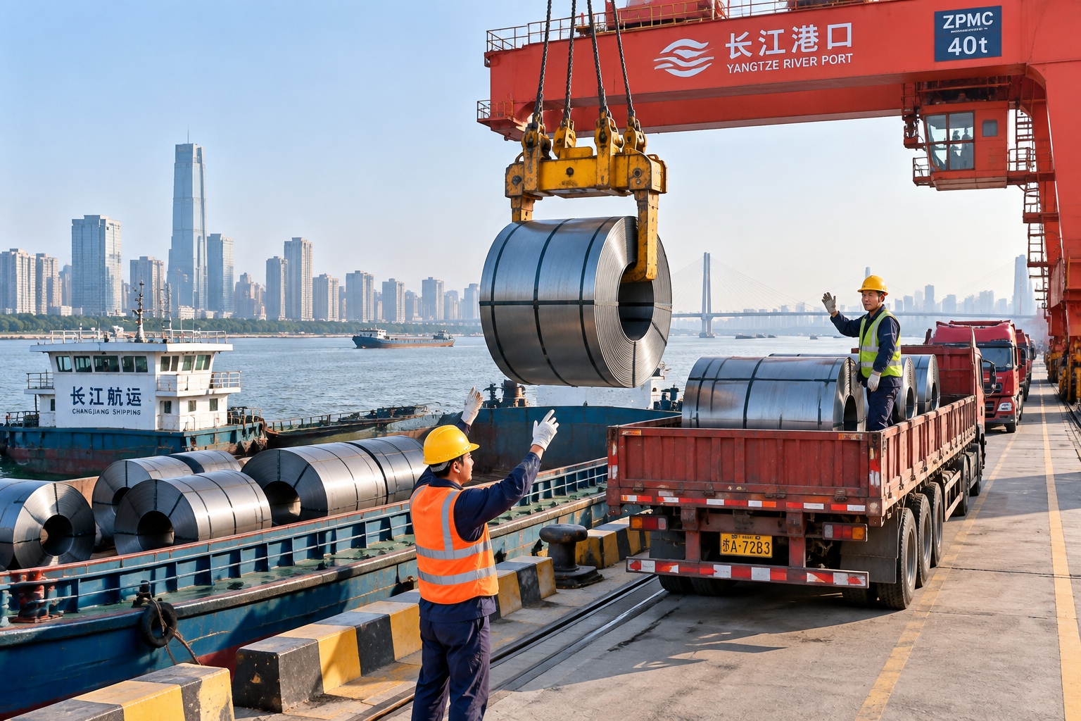 Dock workers and truck drivers moving steel coils from a barge to trucks at a Yangtze River terminal
