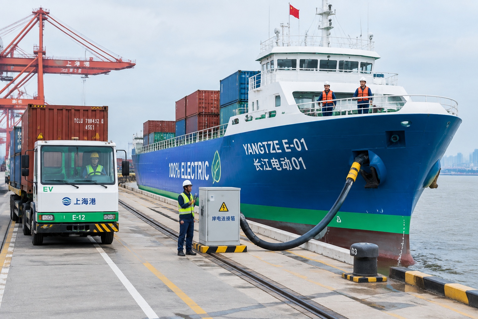 A battery-powered electric container ship using shore power at a Yangtze River port with an electric truck moving containers