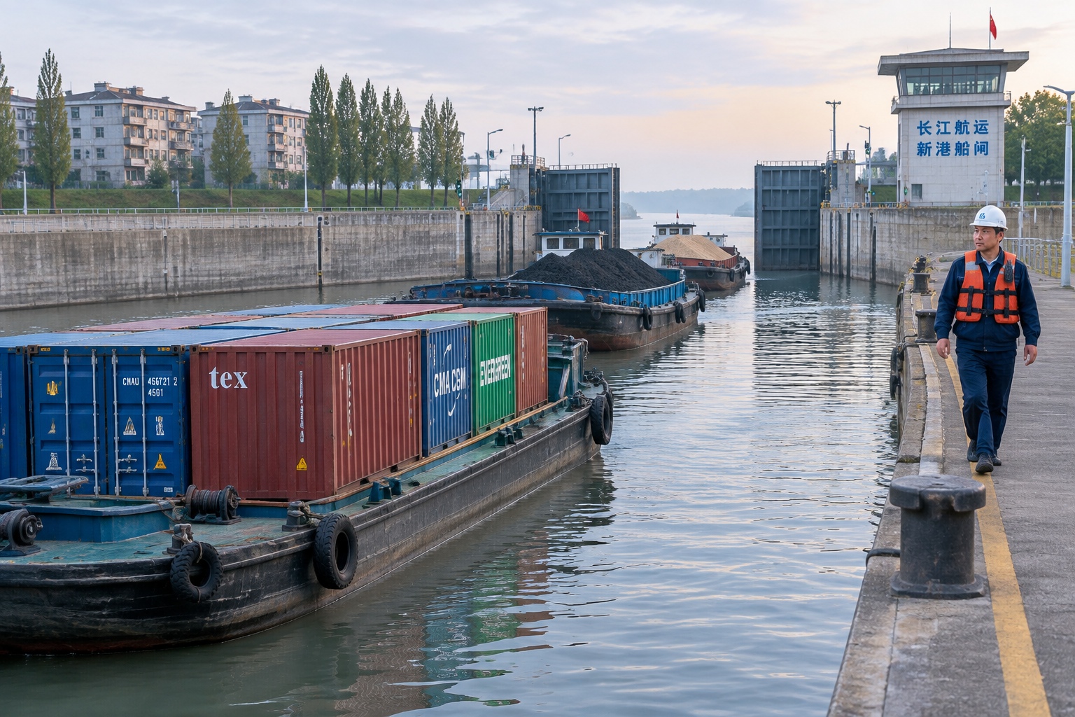 Container barge queuing behind coal barges at a Chinese canal lock at dawn in Jiangsu province