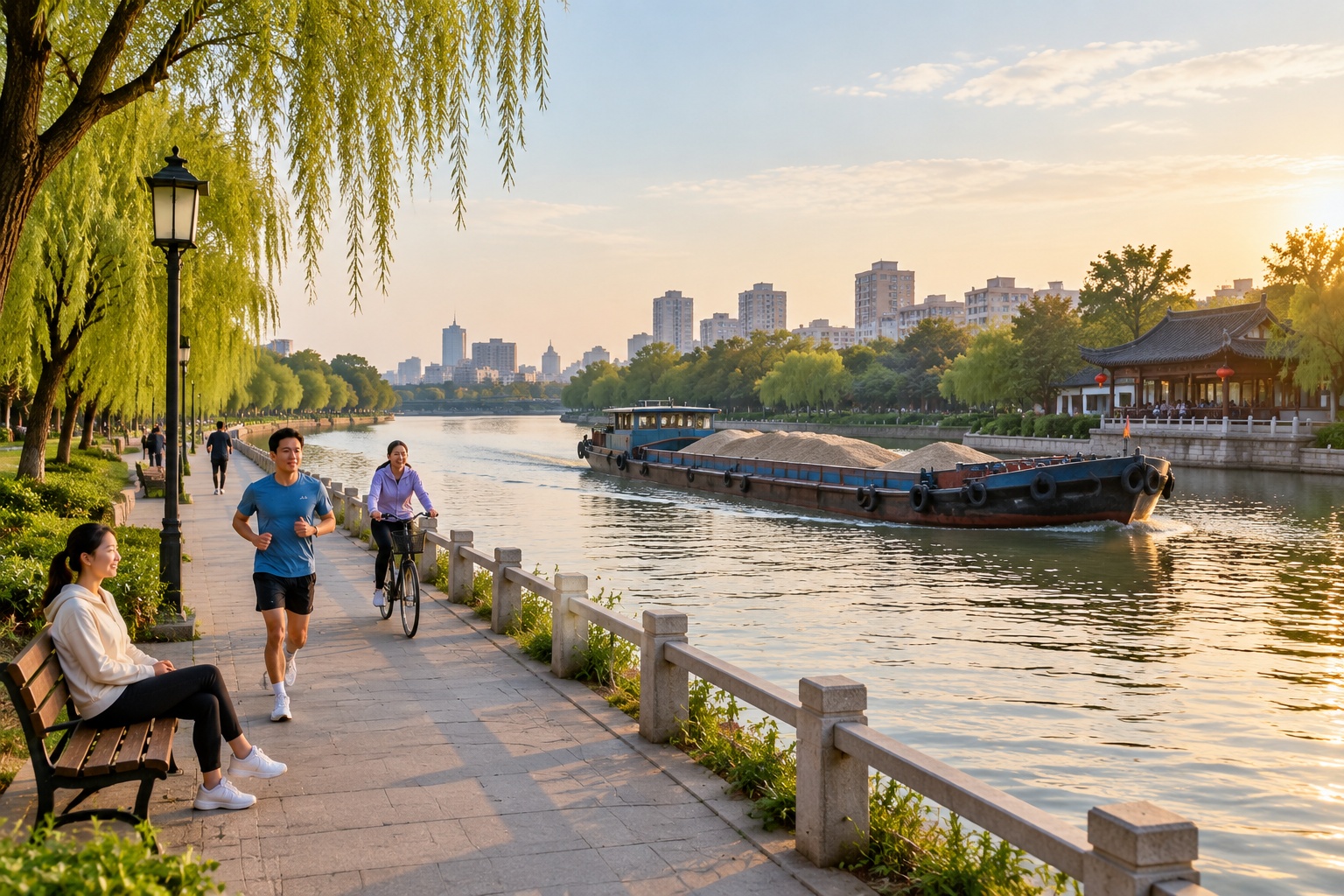 People jogging and relaxing on a canal-side park path while a freight barge passes on the Grand Canal in China