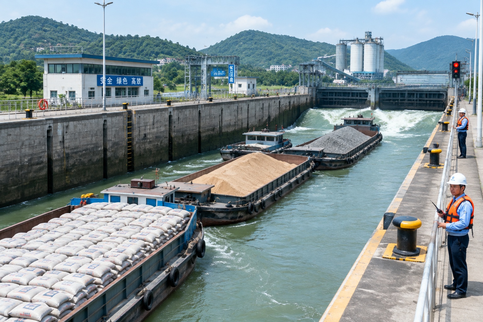 Barges loaded with cement and gravel passing through the Changzhou lock on the West River near Wuzhou, China