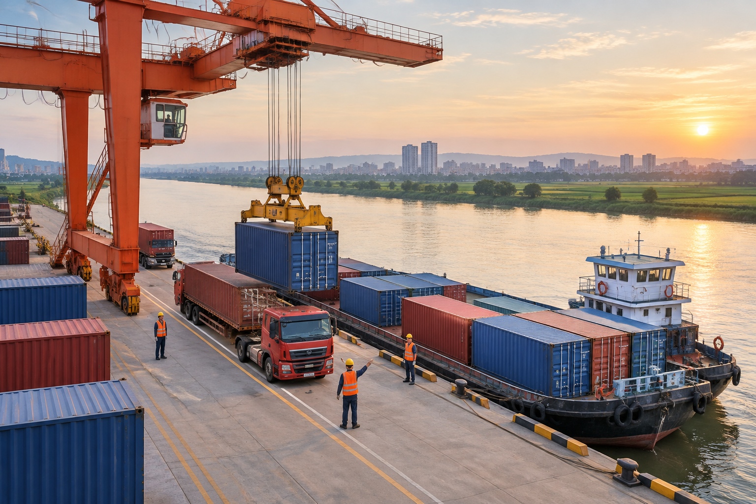 Gantry cranes unloading containers from a river barge at an inland port in Henan province, China