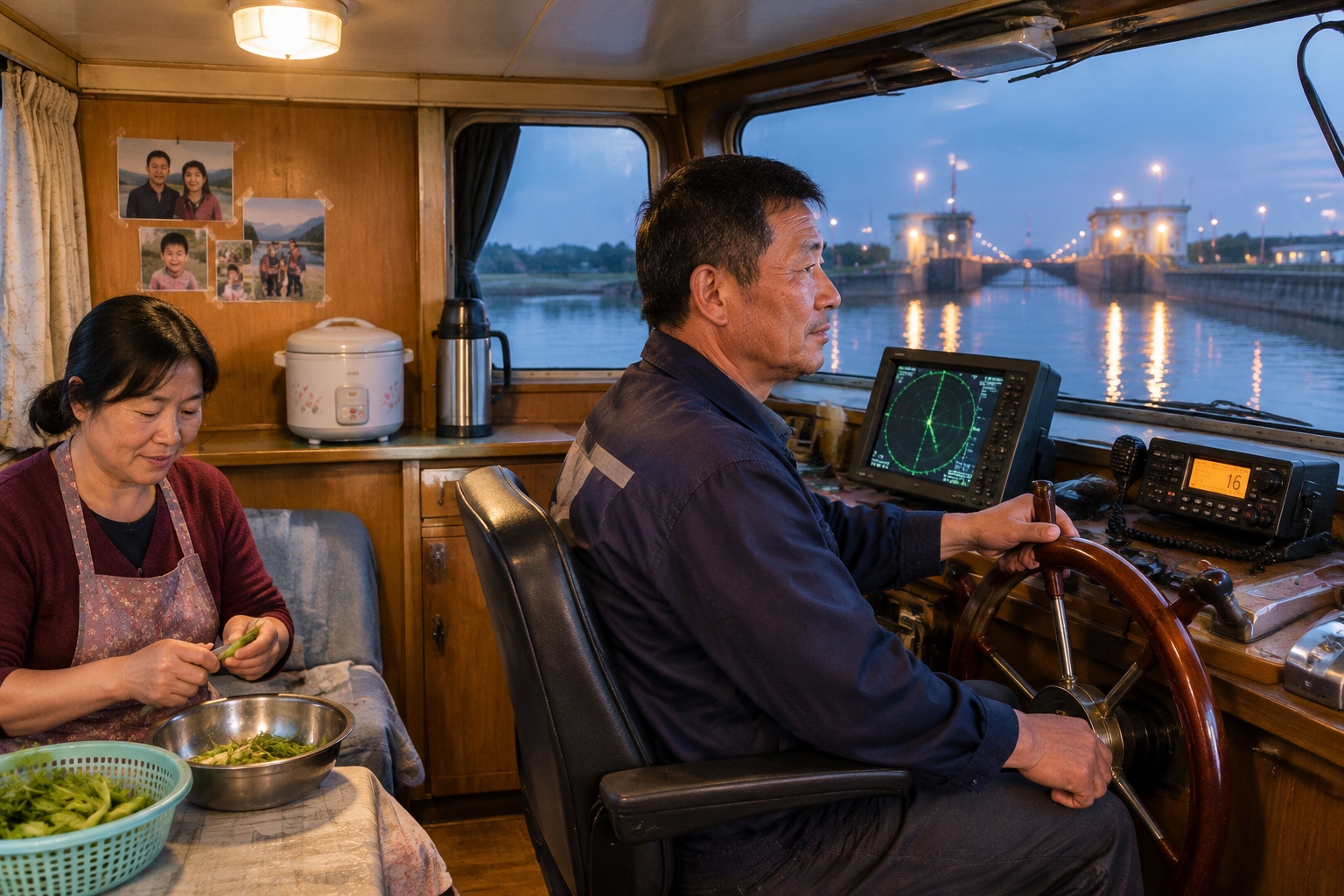 A barge captain at the helm of a cargo boat on a Chinese canal in the evening, with his wife nearby in the cabin