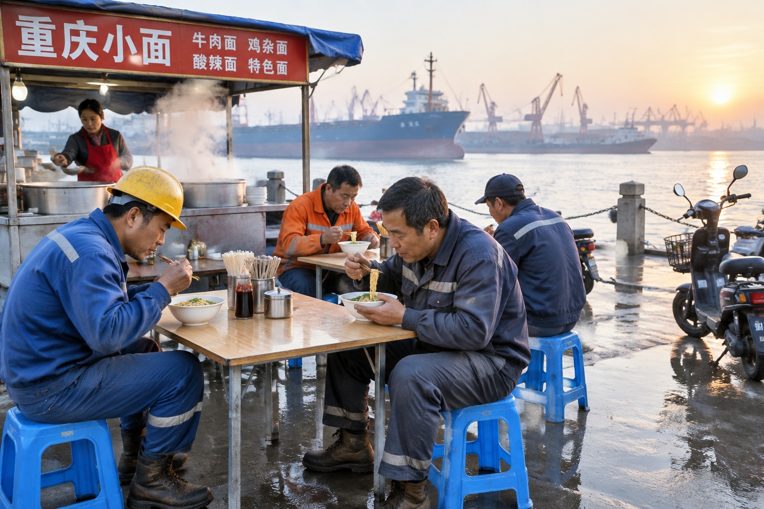 Dock workers eating breakfast at an outdoor noodle stall near a Yangtze river port at dawn