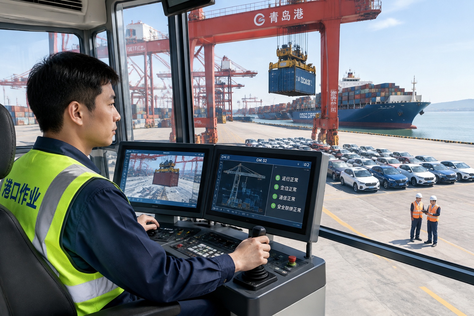 Crane operator in a control cab overlooking a container terminal where new cars wait to be loaded onto a ship in Wuhu, China