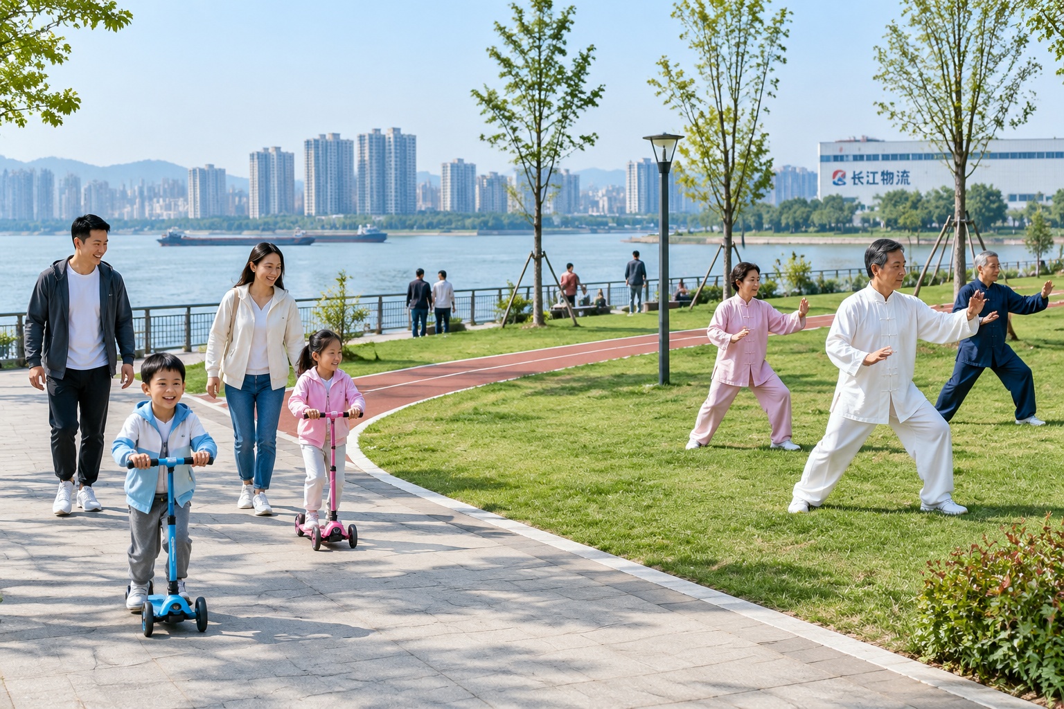 Families and retirees enjoying a riverside park built on the site of former sand docks in Wuhu along the Yangtze River