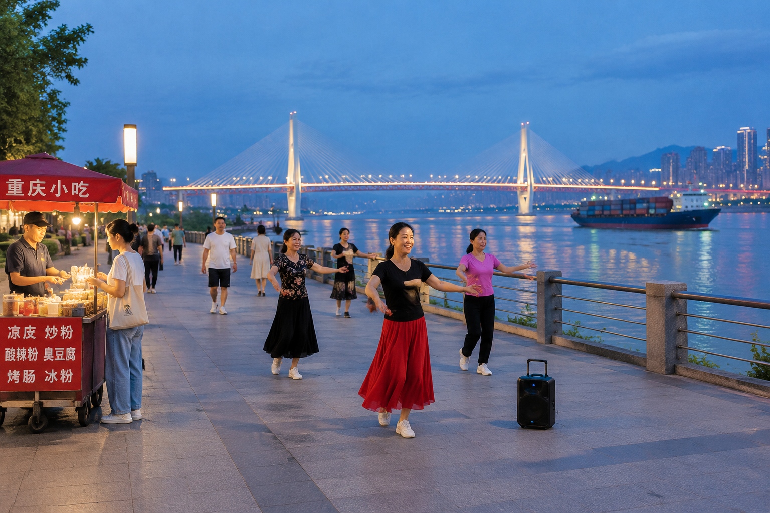 Evening walkers on a riverside promenade in Wuhu watching a container ship sail downstream past a lit bridge