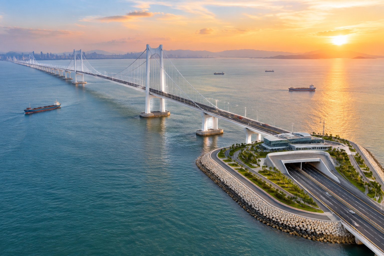 Aerial view of the Shenzhen–Zhongshan Link bridge and its artificial tunnel island over Lingdingyang Bay in Guangdong, China.