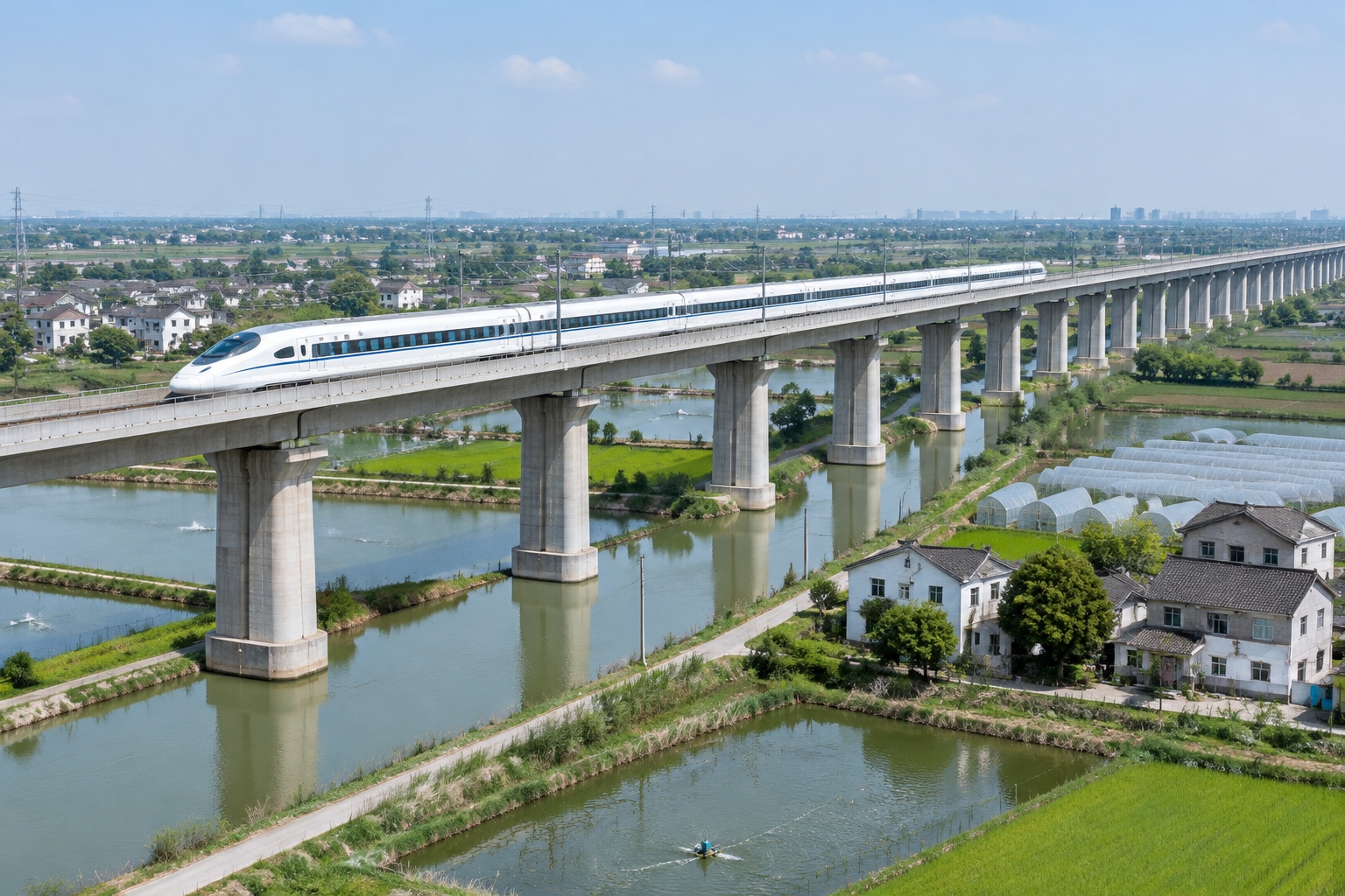 A high-speed train crossing the Danyang–Kunshan Grand Bridge above fish ponds, canals and farmland in the Yangtze River Delta.