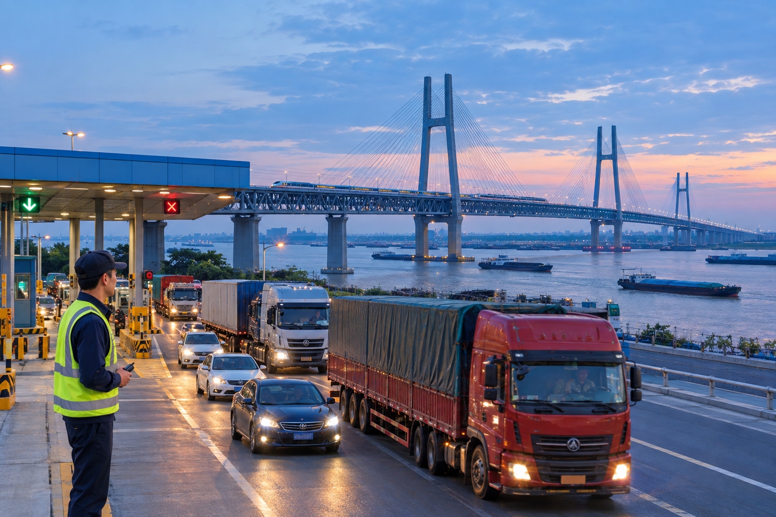 Trucks and cars at a toll plaza before crossing a Yangtze River bridge near Nantong at dusk, with cargo ships passing below.