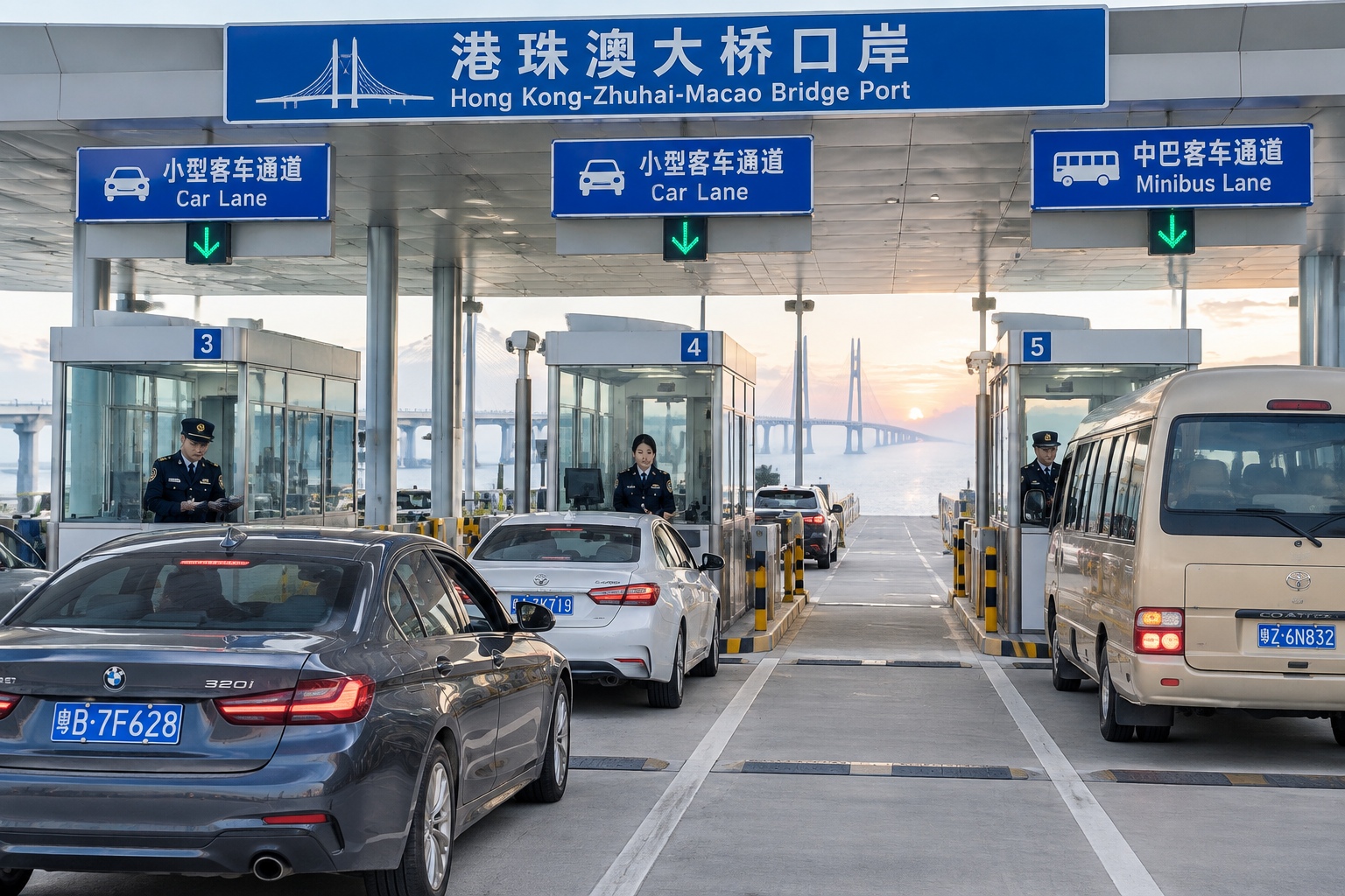 Cars queue in marked lanes at the Hong Kong-Zhuhai-Macao Bridge port vehicle clearance area at dawn