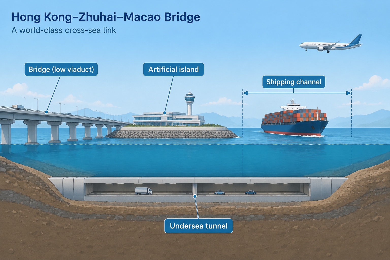 Cross-section diagram of the Hong Kong-Zhuhai-Macao Bridge showing the viaduct, artificial islands and undersea tunnel with a ship above and an aircraft overhead