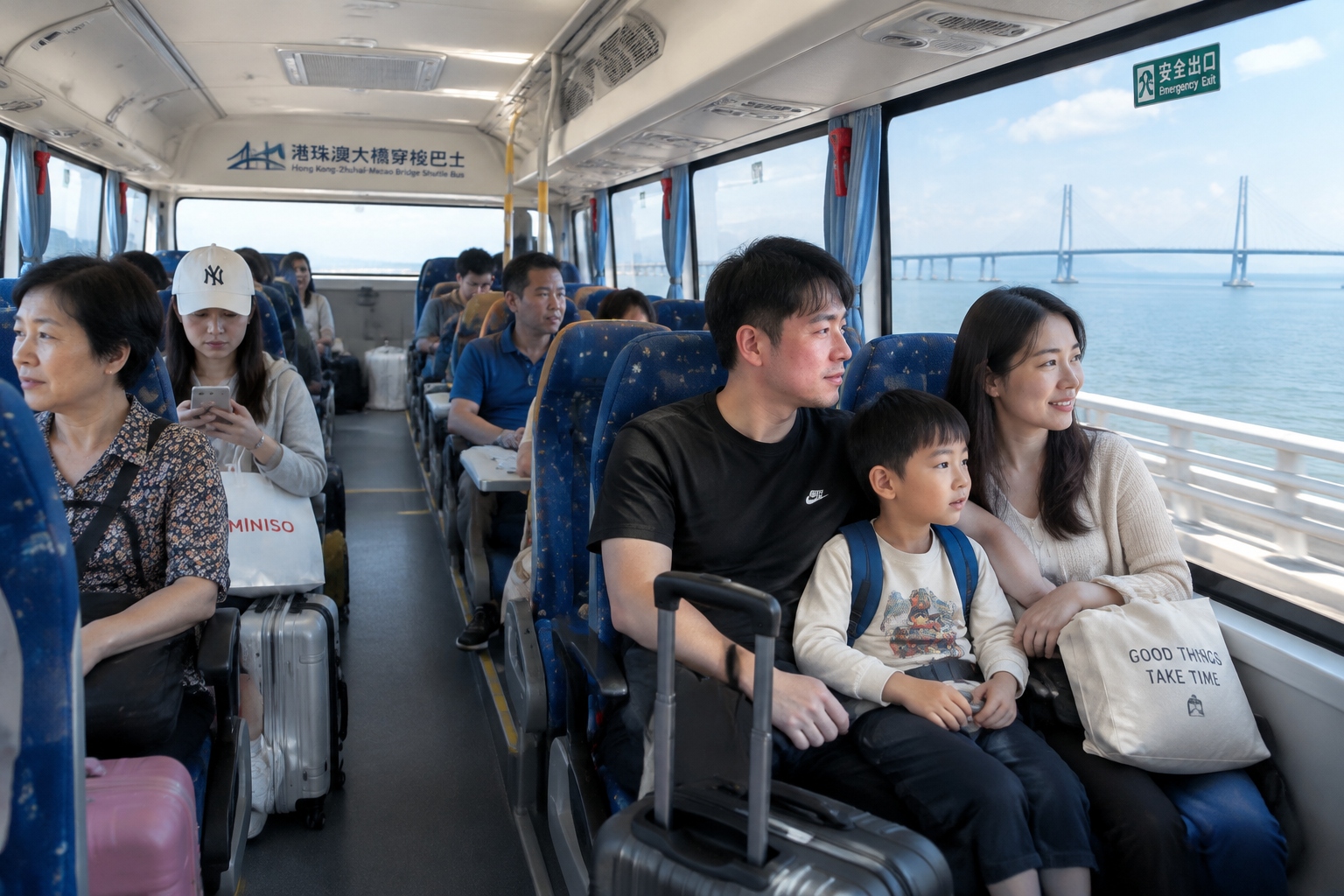 Passengers with luggage riding the shuttle bus across the Hong Kong-Zhuhai-Macao Bridge with the sea visible through the windows