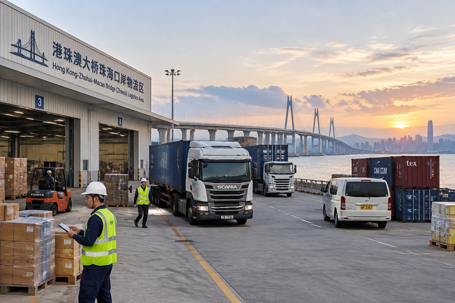 Container trucks and warehouses near the Zhuhai end of the Hong Kong-Zhuhai-Macao Bridge at dusk with the city skyline behind