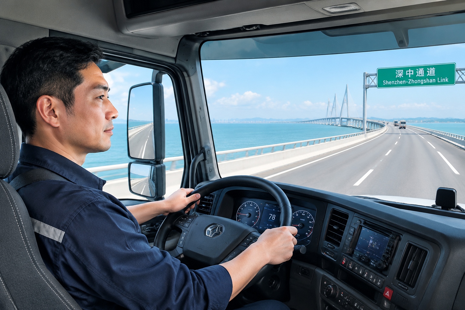 Shenzhen-Zhongshan Link: How a Bridge, Islands, and Tunnel Bring Two Cities Closer 22 Truck driver crossing the Shenzhen-Zhongshan Link with the bridge and sea in the background.