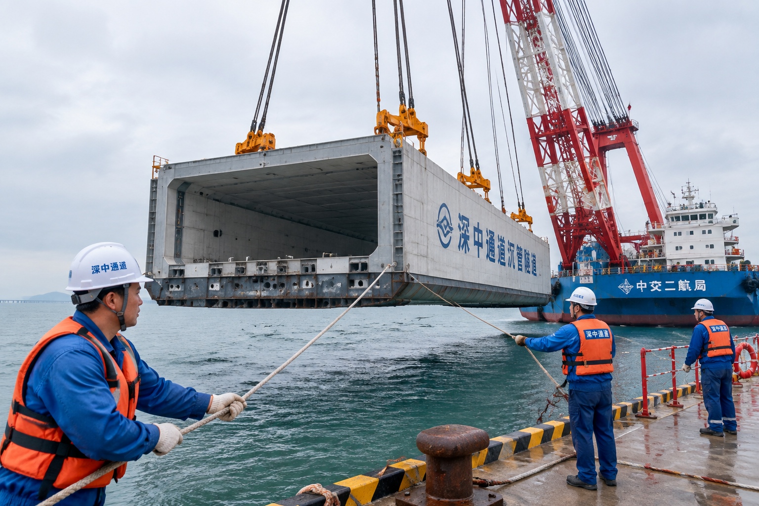 Shenzhen-Zhongshan Link: How a Bridge, Islands, and Tunnel Bring Two Cities Closer 24 Engineers lowering a prefabricated immersed tube section for the Shenzhen-Zhongshan Link tunnel.