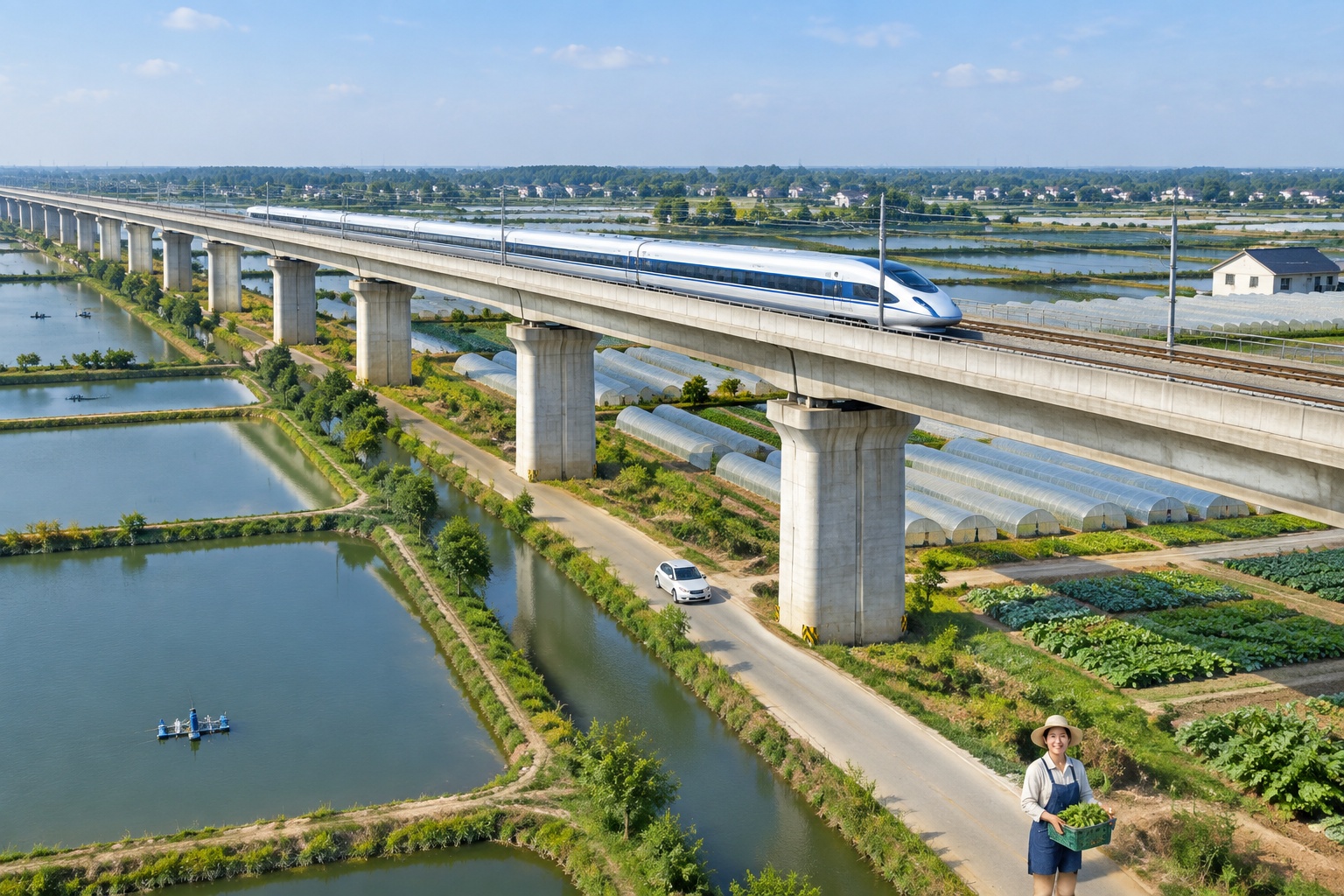 Danyang-Kunshan Grand Bridge: Why the World's Longest Bridge Was Built on a Plain 22 Aerial view of a long high-speed rail viaduct crossing fish ponds and farmland on the flat Yangtze River Delta plain
