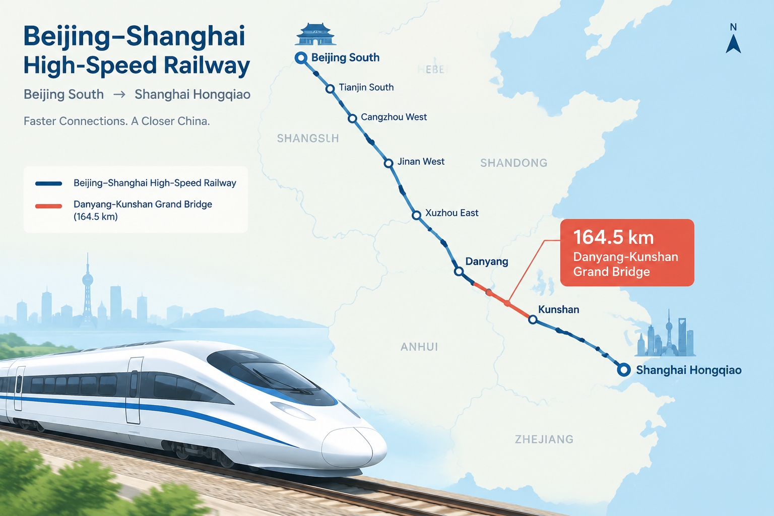 Danyang-Kunshan Grand Bridge: Why the World's Longest Bridge Was Built on a Plain 23 Route map of the Beijing-Shanghai High-Speed Railway highlighting the 164.5 km Danyang-Kunshan Grand Bridge section between Danyang and Kunshan