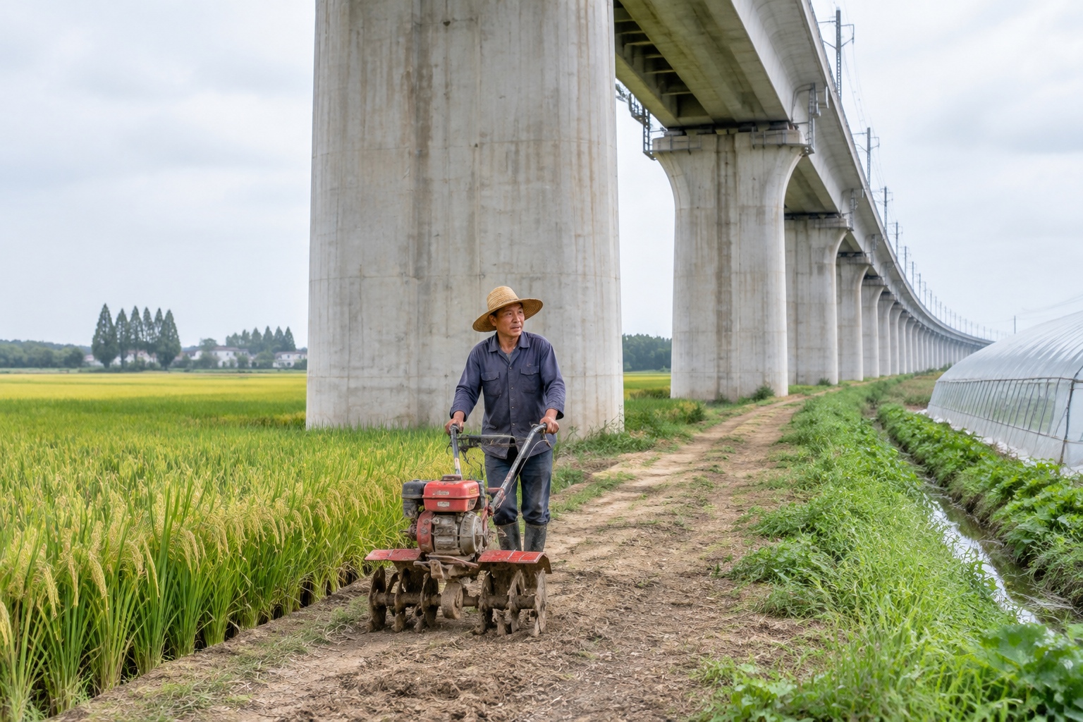Danyang-Kunshan Grand Bridge: Why the World's Longest Bridge Was Built on a Plain 24 Ground-level view of concrete piers of the Danyang-Kunshan Grand Bridge with a farmer passing underneath on a field path