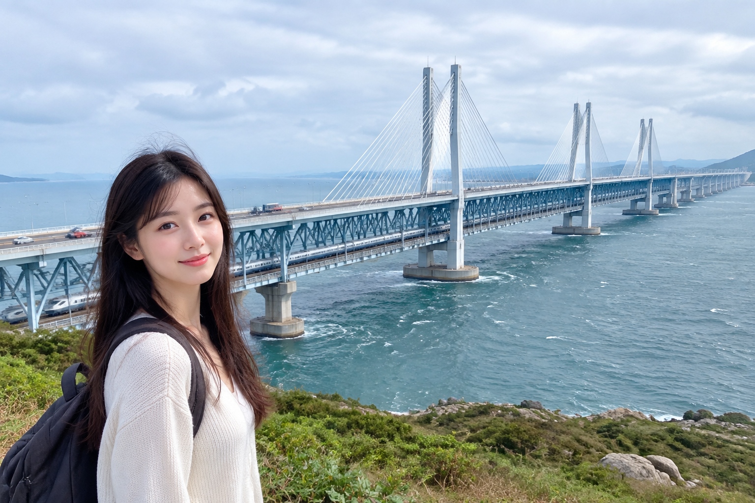 Side view of the Pingtan Strait Road-Rail Bridge in Fujian, China, showing a six-lane expressway on the upper deck and a double-track railway inside the steel truss below, with cable-stayed towers rising from the strait.