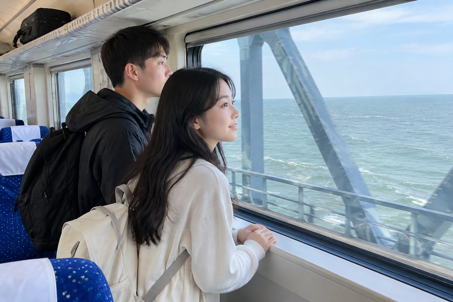Passengers standing in the aisle of a Chinese D-class train looking out of the window at the open sea and the steel truss of the Pingtan Strait bridge.