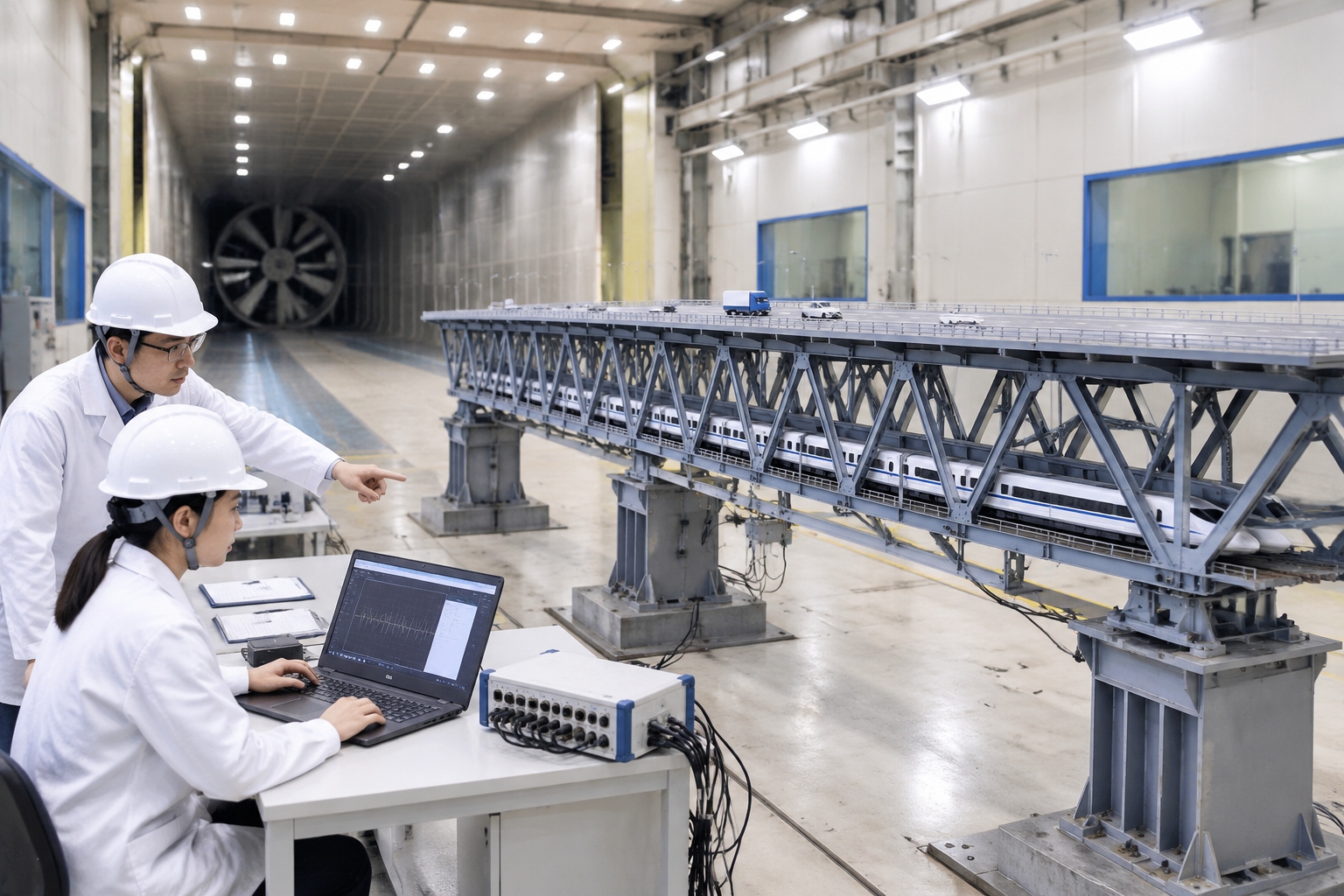 Engineers inspecting a scale model of the Pingtan Strait bridge deck inside a wind tunnel laboratory during aerodynamic and wind resistance testing.