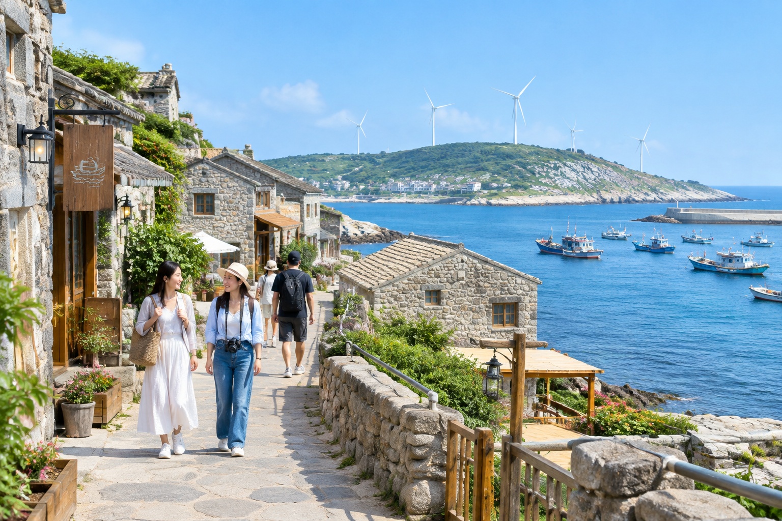 Stone houses in a coastal village on Pingtan Island turned into guesthouses, with tourists walking along the lane and fishing boats moored in the bay beyond.