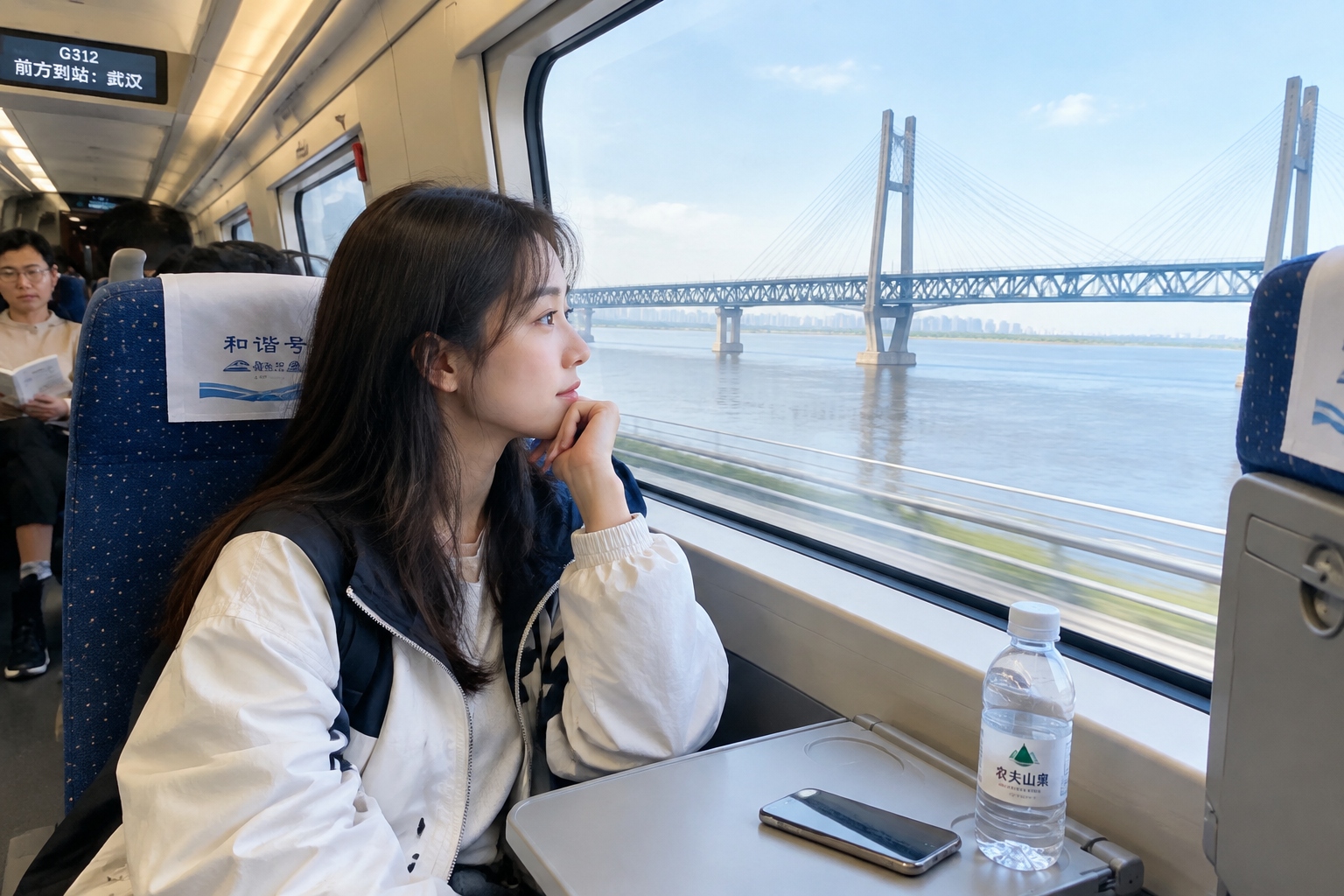 Passenger looking out of a high-speed train window as the train crosses the Shanghai-Suzhou-Nantong Yangtze River Bridge
