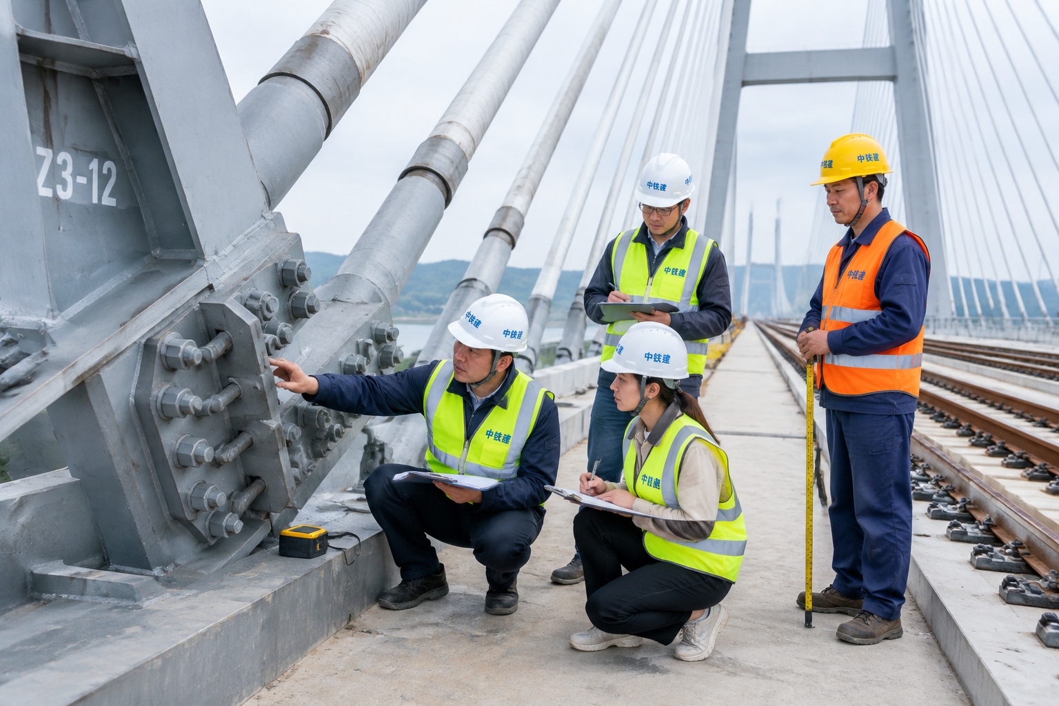 Engineers inspecting steel truss members and cable anchorages on the rail deck of the Shanghai-Suzhou-Nantong Yangtze River Bridge