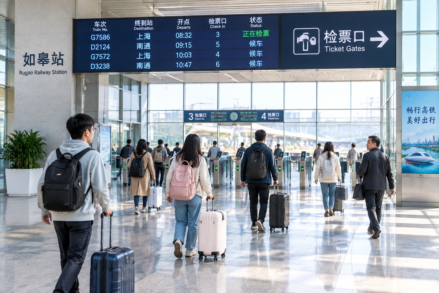 Morning commuters walking through the concourse of a newly built railway station in Taicang, Jiangsu