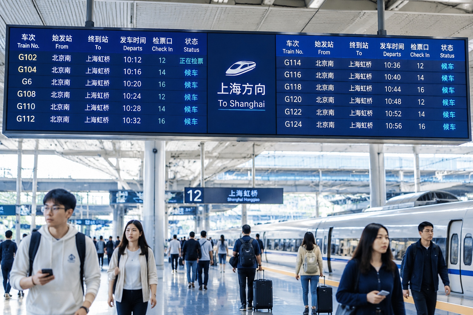 Beijing-Shanghai High-Speed Railway: The Longest and Most Advanced Line Built in One Go 22 Departure board at Beijing South Railway Station showing high-speed trains to Shanghai leaving every few minutes