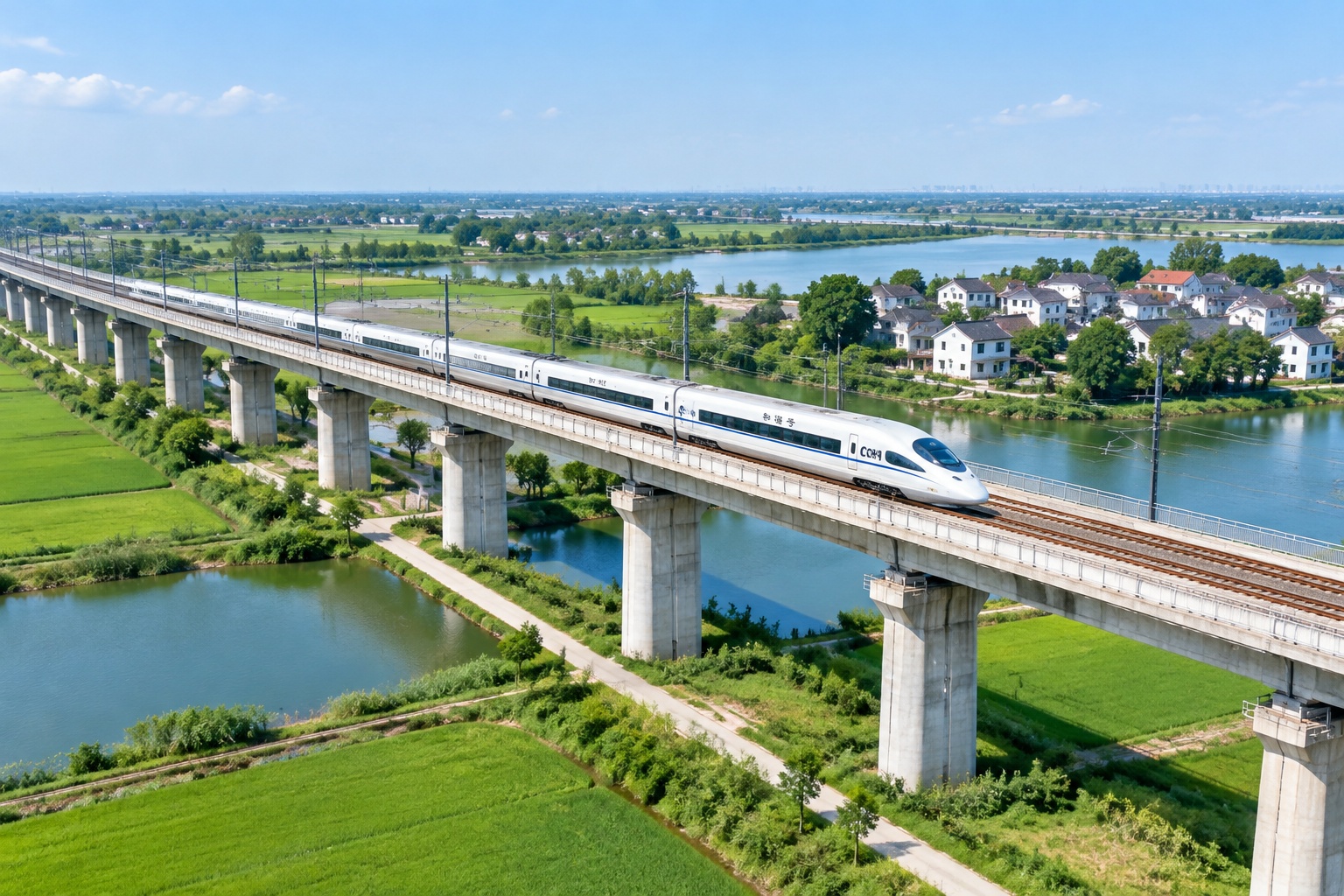 Beijing-Shanghai High-Speed Railway: The Longest and Most Advanced Line Built in One Go 23 Aerial view of the Beijing-Shanghai high-speed rail viaduct crossing farmland and rivers in the Yangtze River Delta