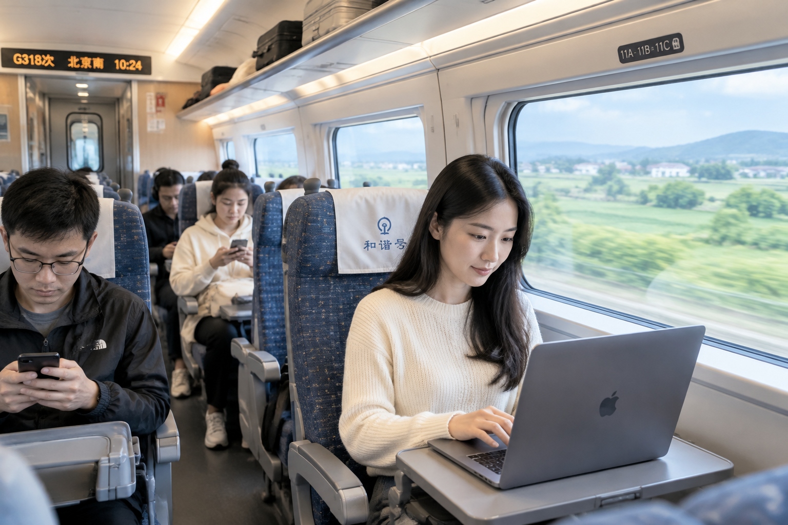 Beijing-Shanghai High-Speed Railway: The Longest and Most Advanced Line Built in One Go 24 Passengers working on laptops inside a second-class carriage of a Beijing-Shanghai high-speed train