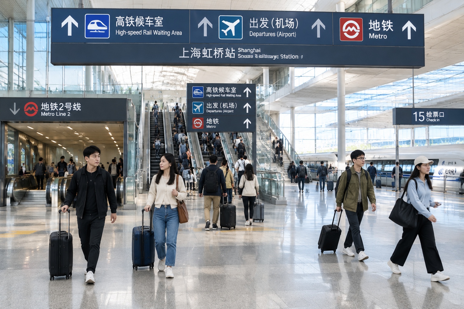 Beijing-Shanghai High-Speed Railway: The Longest and Most Advanced Line Built in One Go 25 Travellers transferring between high-speed rail, metro and the airport at Shanghai Hongqiao transport hub