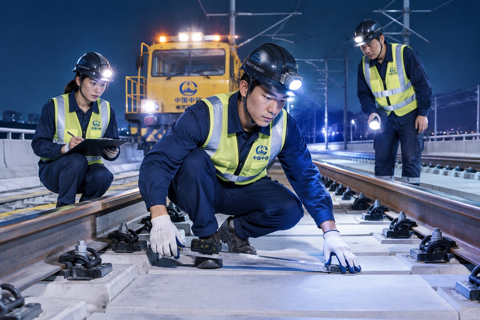 Beijing-Shanghai High-Speed Railway: The Longest and Most Advanced Line Built in One Go 26 Railway maintenance workers inspecting ballastless slab track at night on the Beijing-Shanghai high-speed line