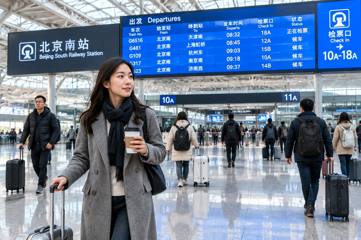 Travellers with luggage crossing the departure hall of Beijing South Railway Station beneath a large electronic departure board on a weekday morning.