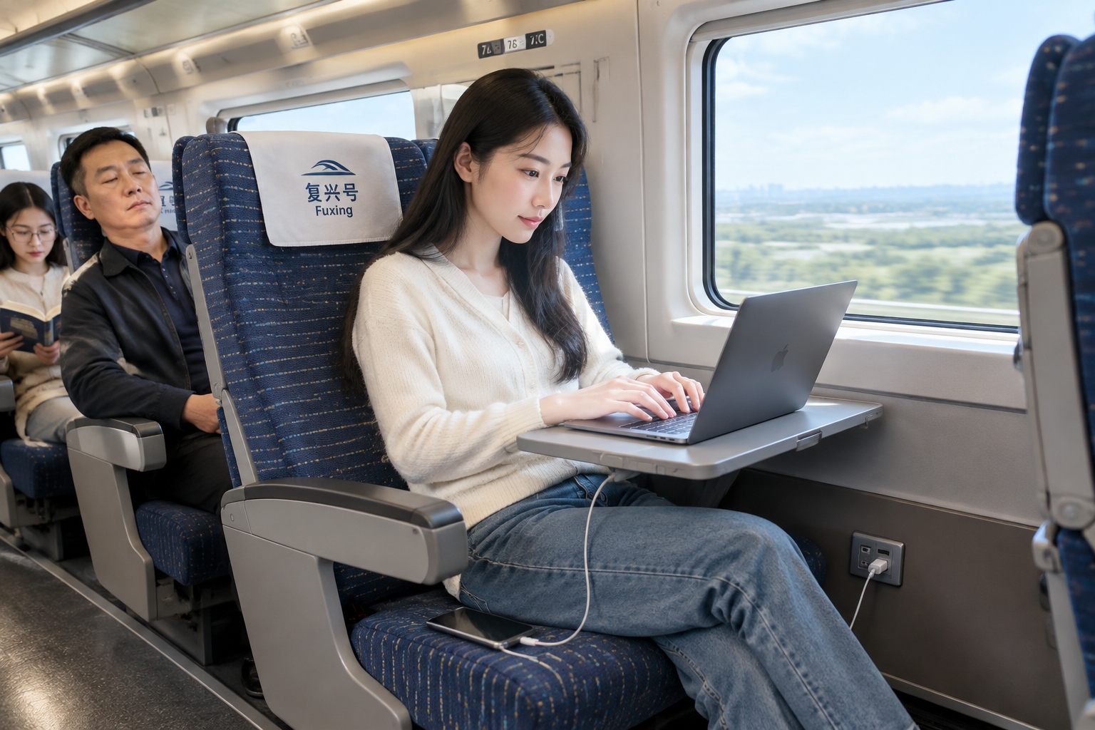 A passenger working on a laptop at a window seat in the second-class carriage of a Fuxing high-speed train, with a phone charging from the power socket below the seat.