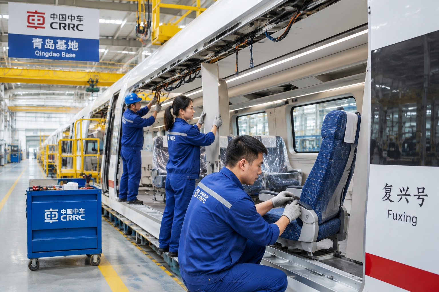 Workers fitting seats and interior panels inside a partly finished Fuxing high-speed train carriage at a CRRC assembly plant in Qingdao, China.