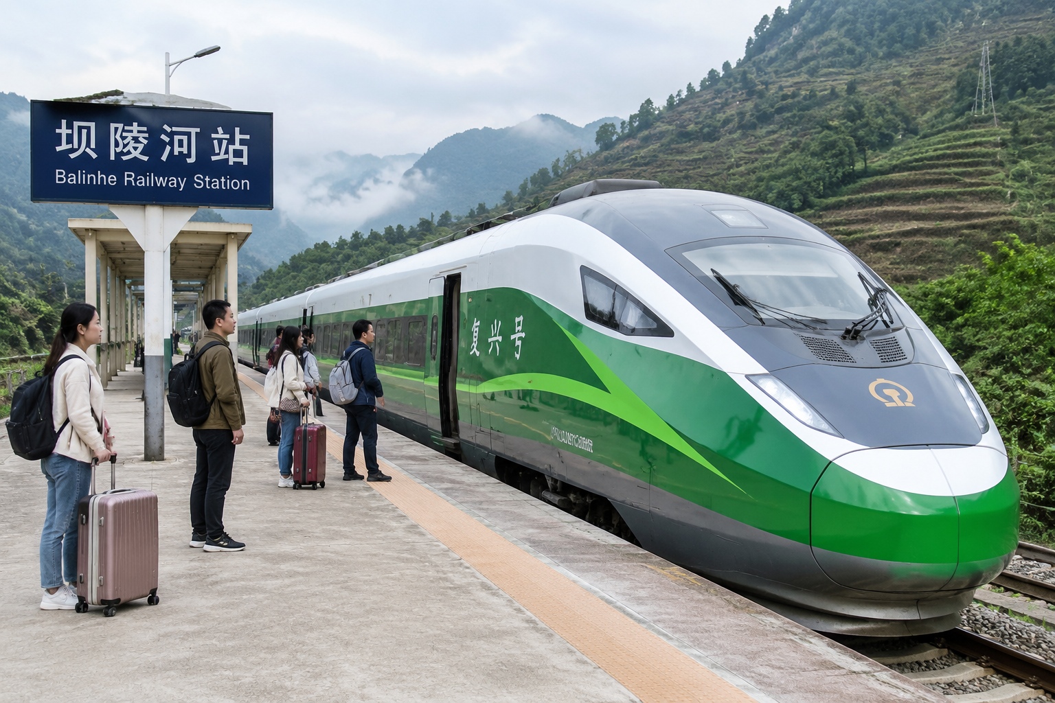 A green-and-white Fuxing CR200J train waiting at a small station in mountainous Guizhou province, China, with passengers standing on the platform.
