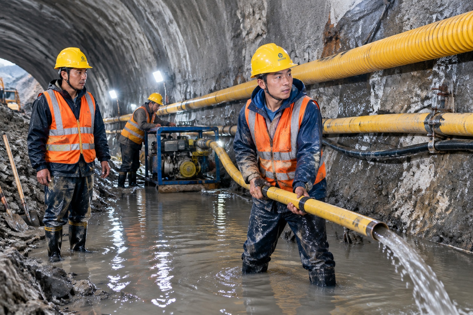 Railway tunnel workers in rain gear and hard hats standing in water at a wet tunnel face lit by floodlights, with drainage pipes running along the rock wall