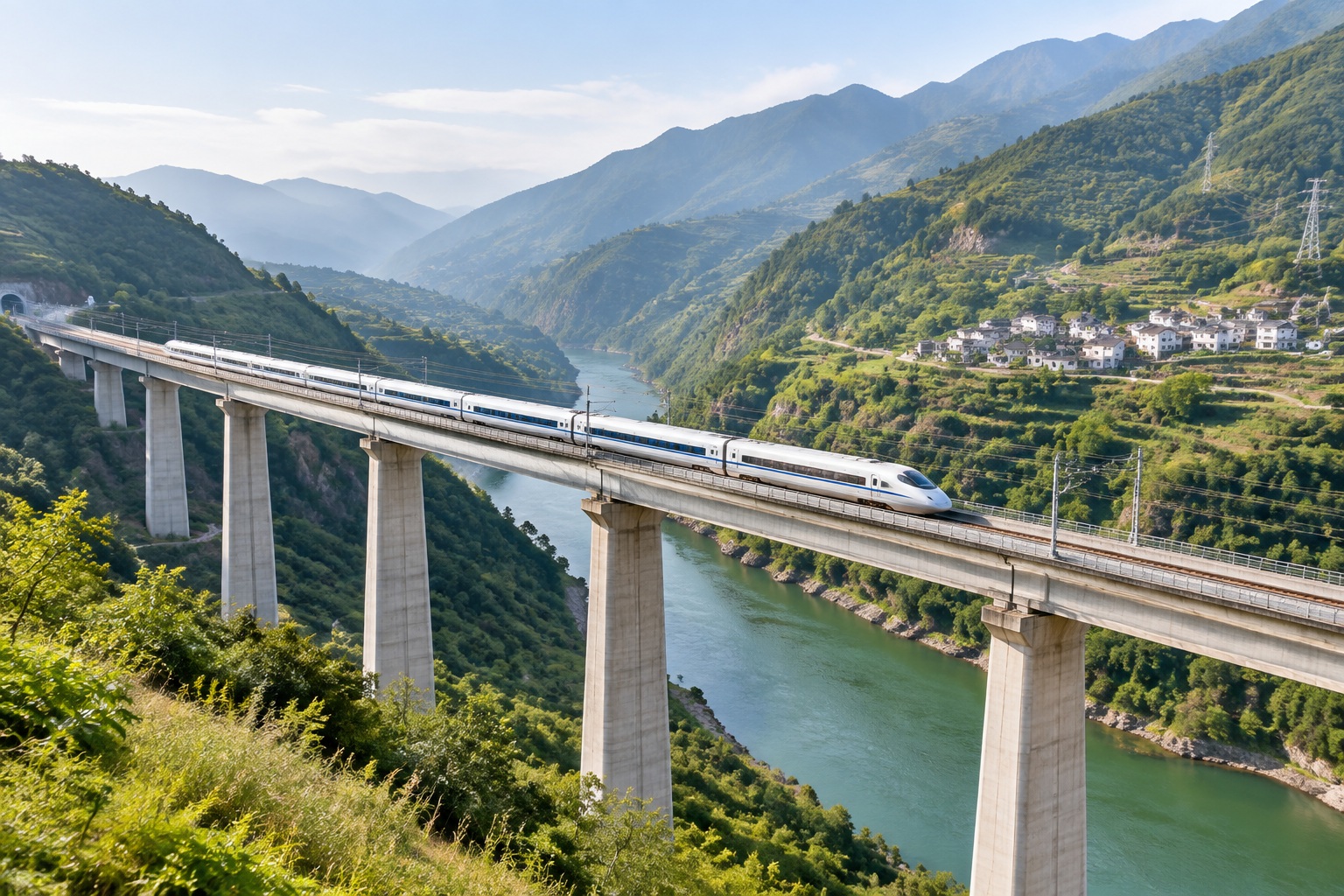 A concrete railway viaduct on tall piers crossing a green river gorge in the Bailong River valley in Gansu, with terraced hillsides and a village on the opposite slope