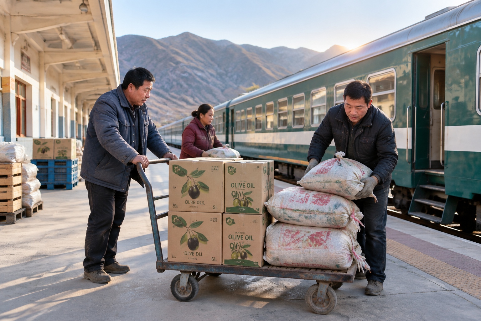Workers loading boxes of olive oil and sacks of Sichuan pepper onto a trolley on a small railway station platform in Gansu at dawn, with a passenger train alongside