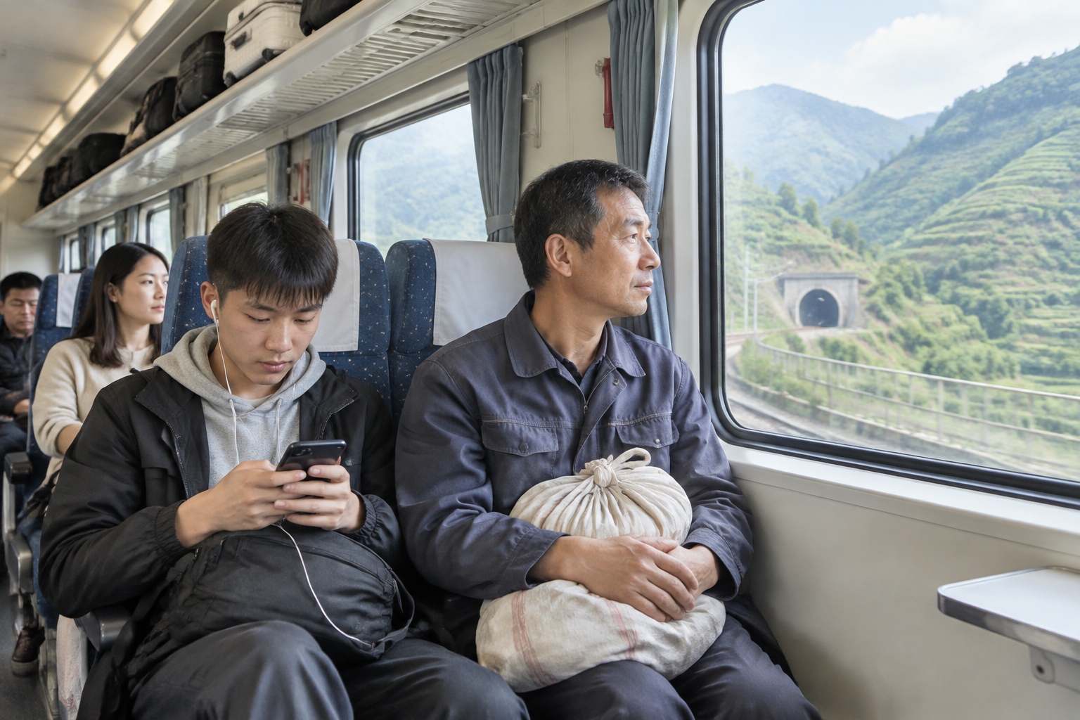 Passengers inside a Chinese train carriage in daylight, one holding a cloth bag of Sichuan pepper, with terraced green mountains and a tunnel mouth visible through the window